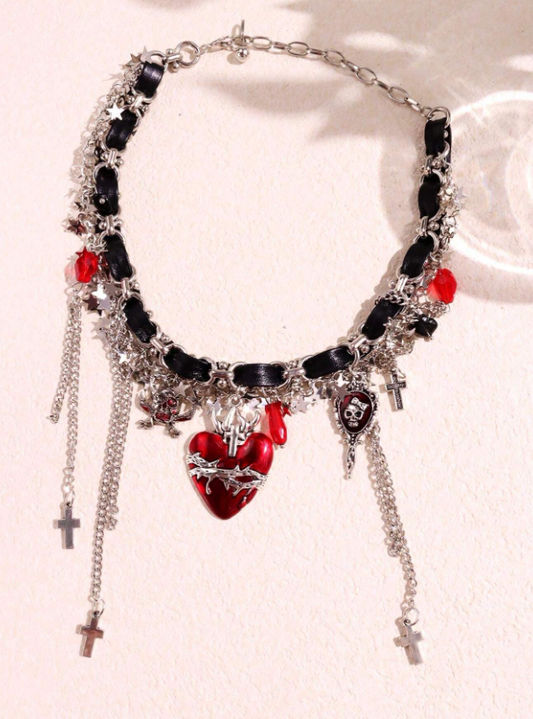 Punk Chain with Burgundy Necklace and heart pendant