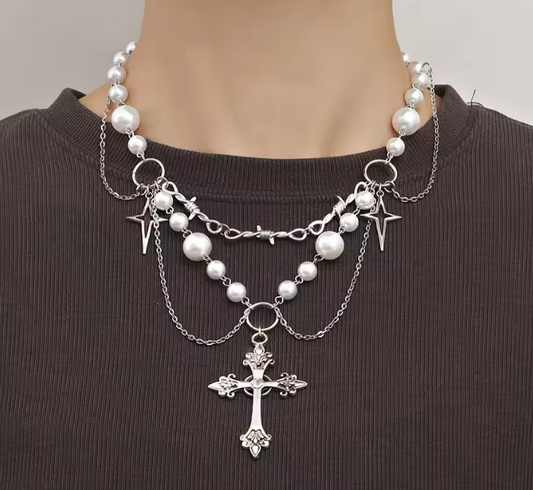 Multi-rangs | Layered Gothic Pearl Cross Necklace ✨