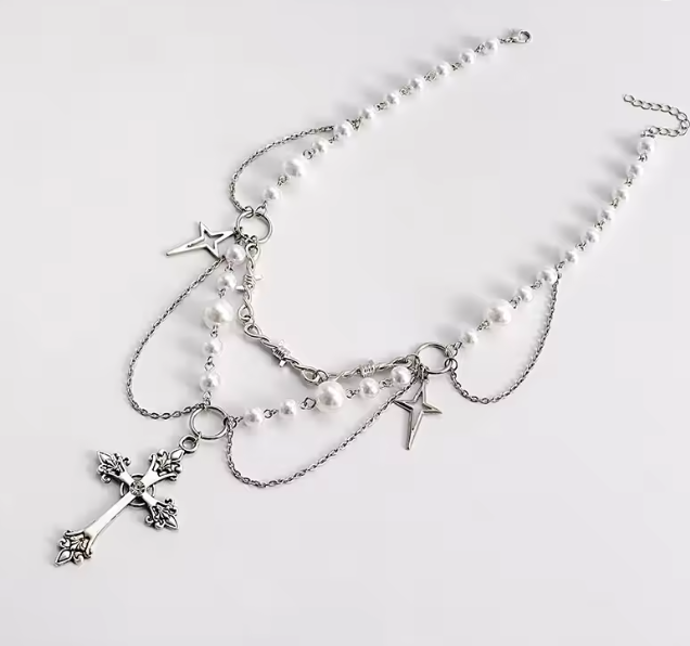 Multi-rangs | Layered Gothic Pearl Cross Necklace ✨