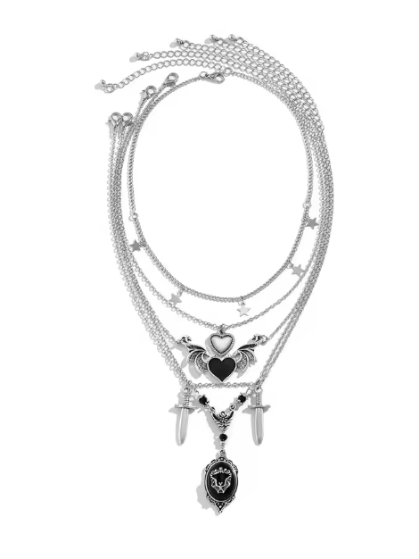 Gothic Layered Necklace with Hearts & Black Pendant 🖤