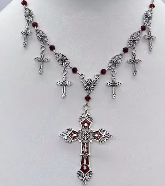 Aurora Collection : Gothic Cross Necklace with burgundy Beads ✝️