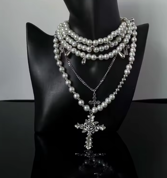Y2K Multi-Layer Pearl Cross Choker Set – Punk Goth Charm Necklace