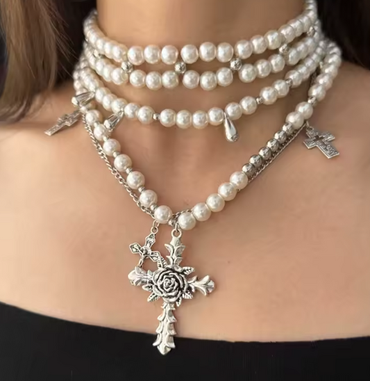 Y2K Multi-Layer Pearl Cross Choker Set – Punk Goth Charm Necklace