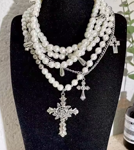 Y2K Multi-Layer Pearl Cross Choker Set – Punk Goth Charm Necklace