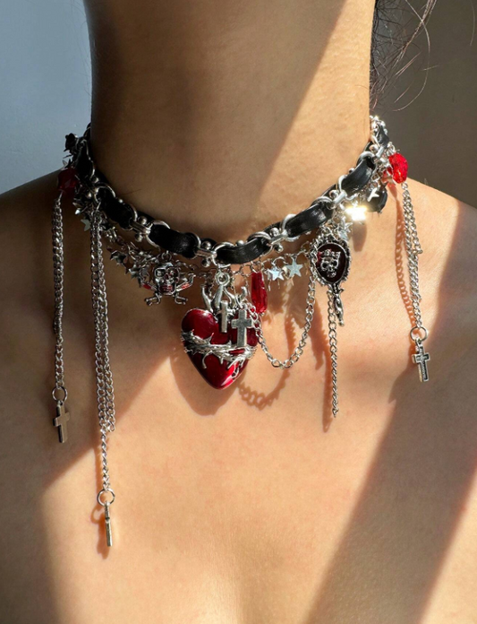 Punk Chain with Burgundy Necklace and heart pendant