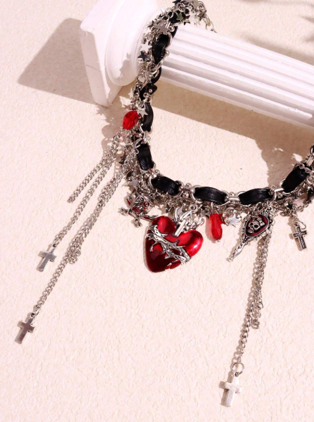 Punk Chain with Burgundy Necklace and heart pendant