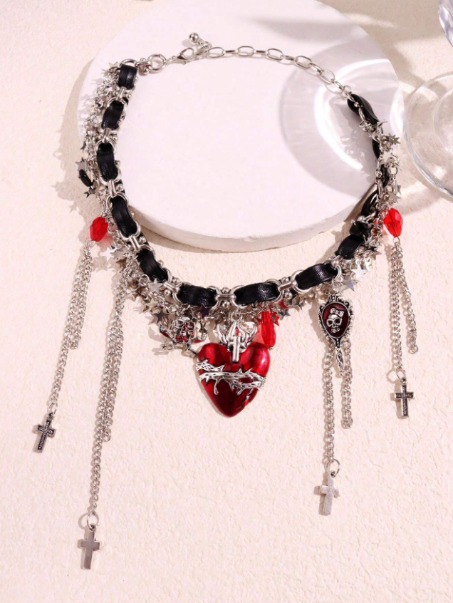 Punk Chain with Burgundy Necklace and heart pendant