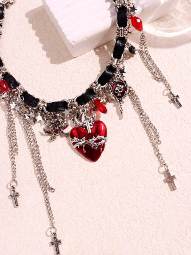 Punk Chain with Burgundy Necklace and heart pendant