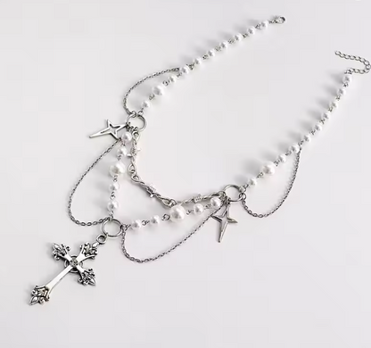 Multi-rangs | Layered Gothic Pearl Cross Necklace ✨