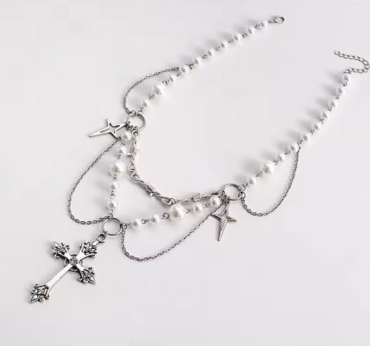 Multi-rangs | Layered Gothic Pearl Cross Necklace ✨