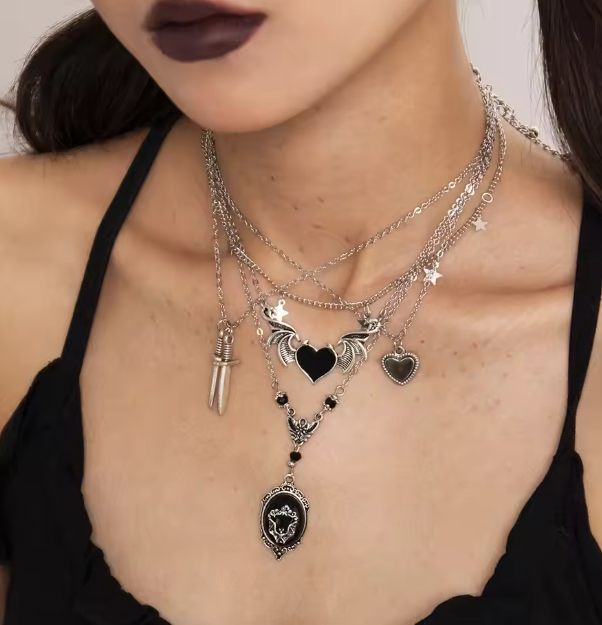 Gothic Layered Necklace with Hearts & Black Pendant 🖤