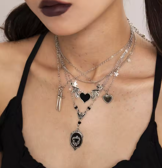 Gothic Layered Necklace with Hearts & Black Pendant 🖤
