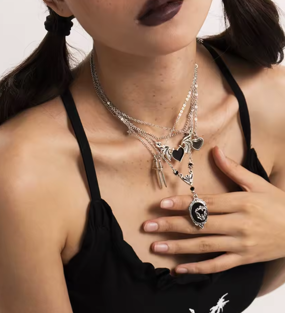Gothic Layered Necklace with Hearts & Black Pendant 🖤