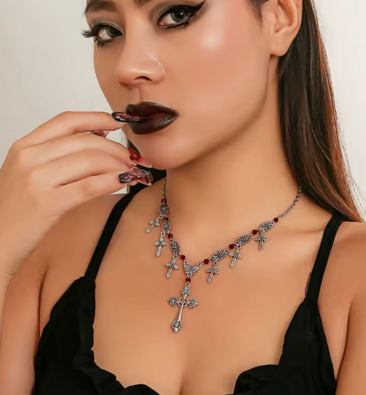 Aurora Collection : Gothic Cross Necklace with burgundy Beads ✝️